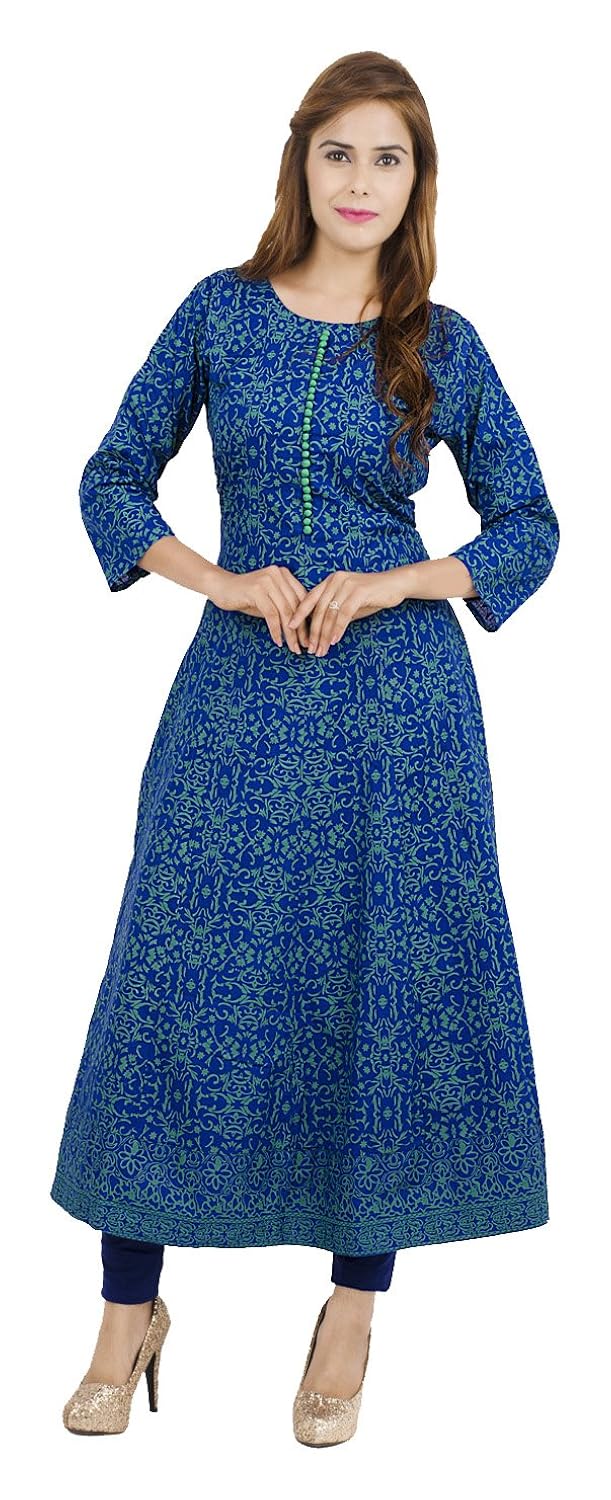 zoeyam's women's cotton printed long anarkali kurti (blue)