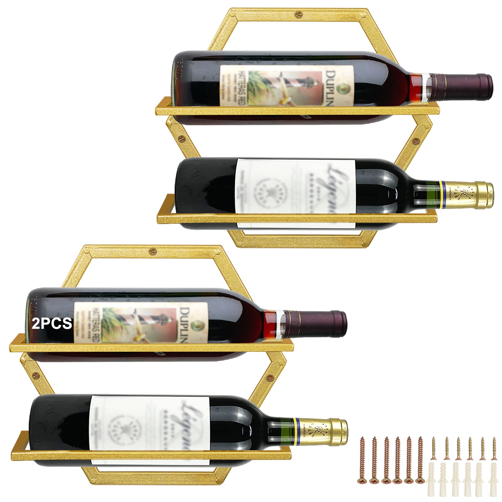 Giyiprpi 2Pcs Wall Mounted Wine Bottle Stemware Rack, Metal Hanging Wine Display Holder with 3 Stemware Glass Organizer, Red Wine Racks for Home Kitchen Bar Decor (Gold BB)
