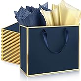 ReliThick 12 Pack Metallic Paper Gift Bag with Handles and Tissue Paper 11.8 x 10 x 4'' Thank You Favor Bag for St. Patrick's Day Wedding Bridesmaid Groomsman 5 Senses Gifts (Navy Blue,Gold)