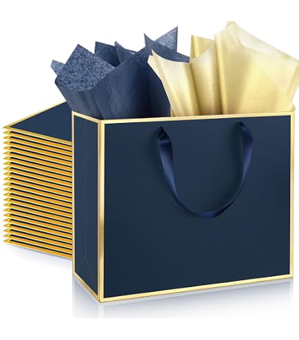 Gift Bag with Tissue Paper Stands on Kitchen Countertop. Beige Paper