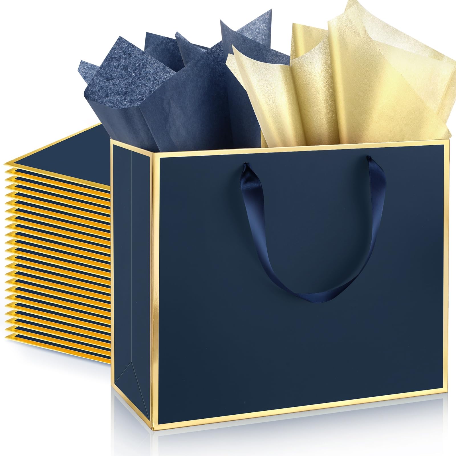 Photo 1 of ReliThick 12 Pack 12 Pack Metallic Paper Gift Bag with Handles and Tissue Paper 11.8 x 10 x 4'' Thank You Favor Bag for Wedding Bridesmaid Groomsmen 5 Senses Birthday Gifts (Navy Blue,Gold)