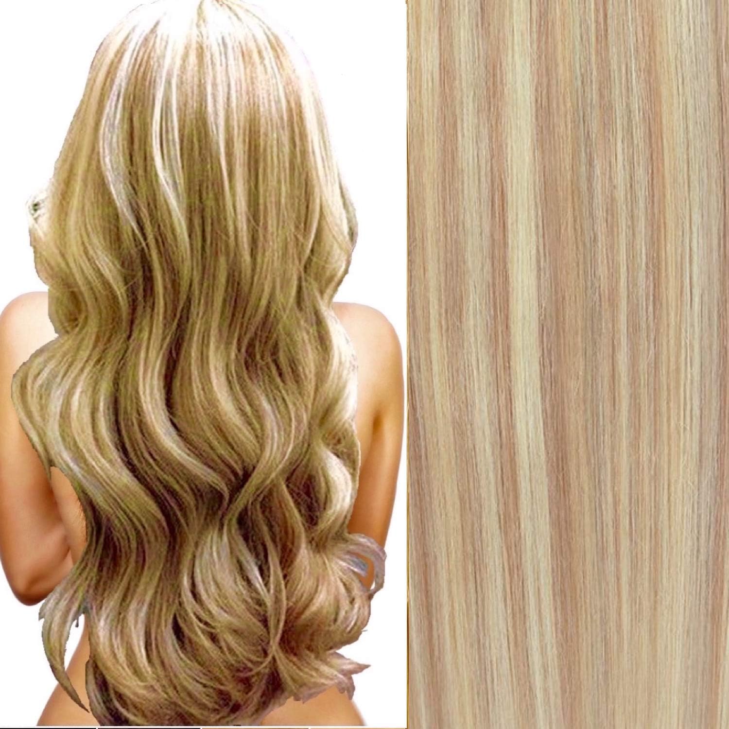 THE POSH HAIR. Full Head Clip in Real REMY Human Hair Extensions Clip on Hair Extension (20 inch 27/613 GOLDEN BLONDE HIGHLIGHTS). 8 pieces