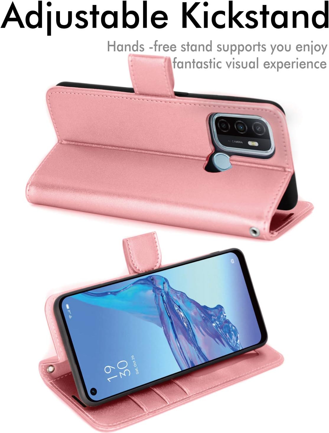 TECHGEAR Leather Wallet Case for Oppo A53 / A32, Flip Protective Case Cover with Wallet Card Holder, Stand & Wrist Strap, Rose Gold PU Leather with Magnetic Closure - Image 5