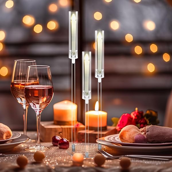 LAYHIT 6 SET WEDDING 3 ARM ACRYLIC CANDELABRA TABLE CENTERPIECE 38.6″ CLEAR TALL FLOOR CANDLE HOLDER WITH SHADE PILLAR TAPER STAND FOR DINING PARTY ANNIVERSARY BIRTHDAY EASTER FIT 0.87 LED CANDLE