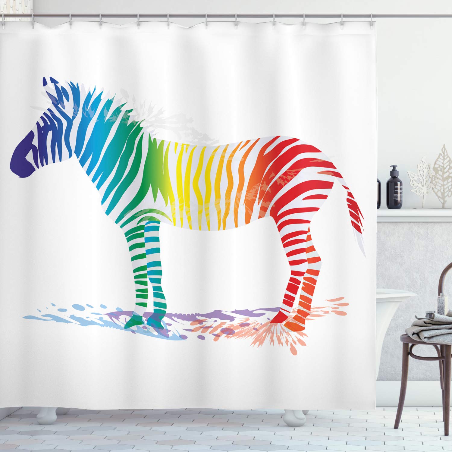 ABAKUHAUS Funny Shower Curtain, Zebra in Gradient Rainbow Colored Stripes Nature Wilderness Zoo Animal Theme, Cloth Fabric Bathroom Decor Set with Hooks, 94 Inches, Multicolor