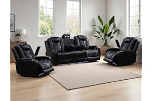 Anthato Power Recliner Sofa Set, Black Leather Reclining Couch & Chair Set, Living Room Furniture Sets, Luxury 3 Piece Living Room Furniture with Cup Holders/Storage/Charging for Home Theater/Office