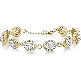 Gem Stone King 18K Yellow Gold Plated Silver White Moissanite Tennis Bracelet For Women (11.64 Cttw, Gemstone Birthstone, Oval 7X5MM, 7.5 Inch)