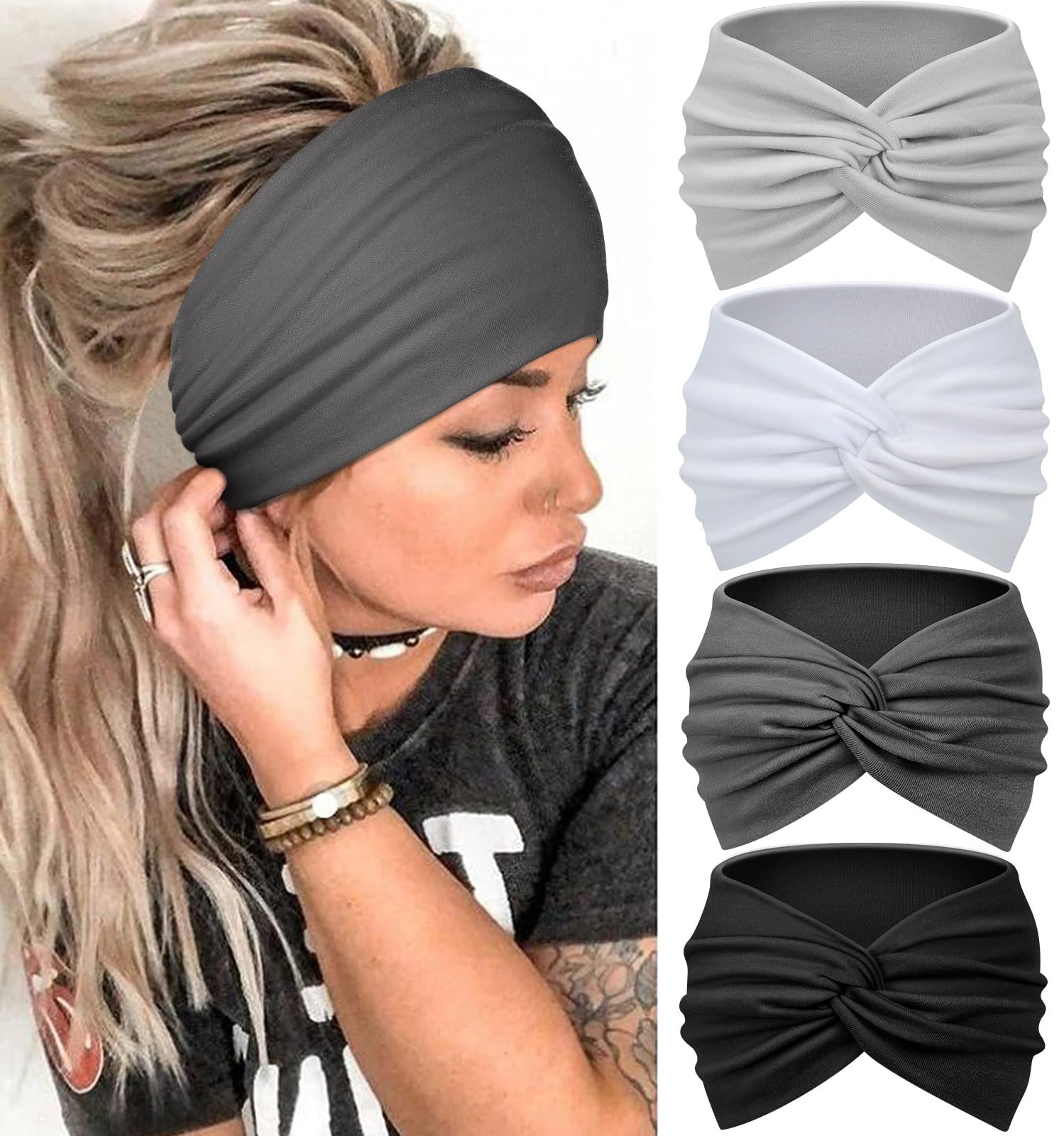 Blooms Wide Headbands for Women's Hair, Soft Headband Elastic Head Bands Adult Women Knotted Hair Bands for Women Yoga Fashion Head Band Hair Accessories 4 Pcs