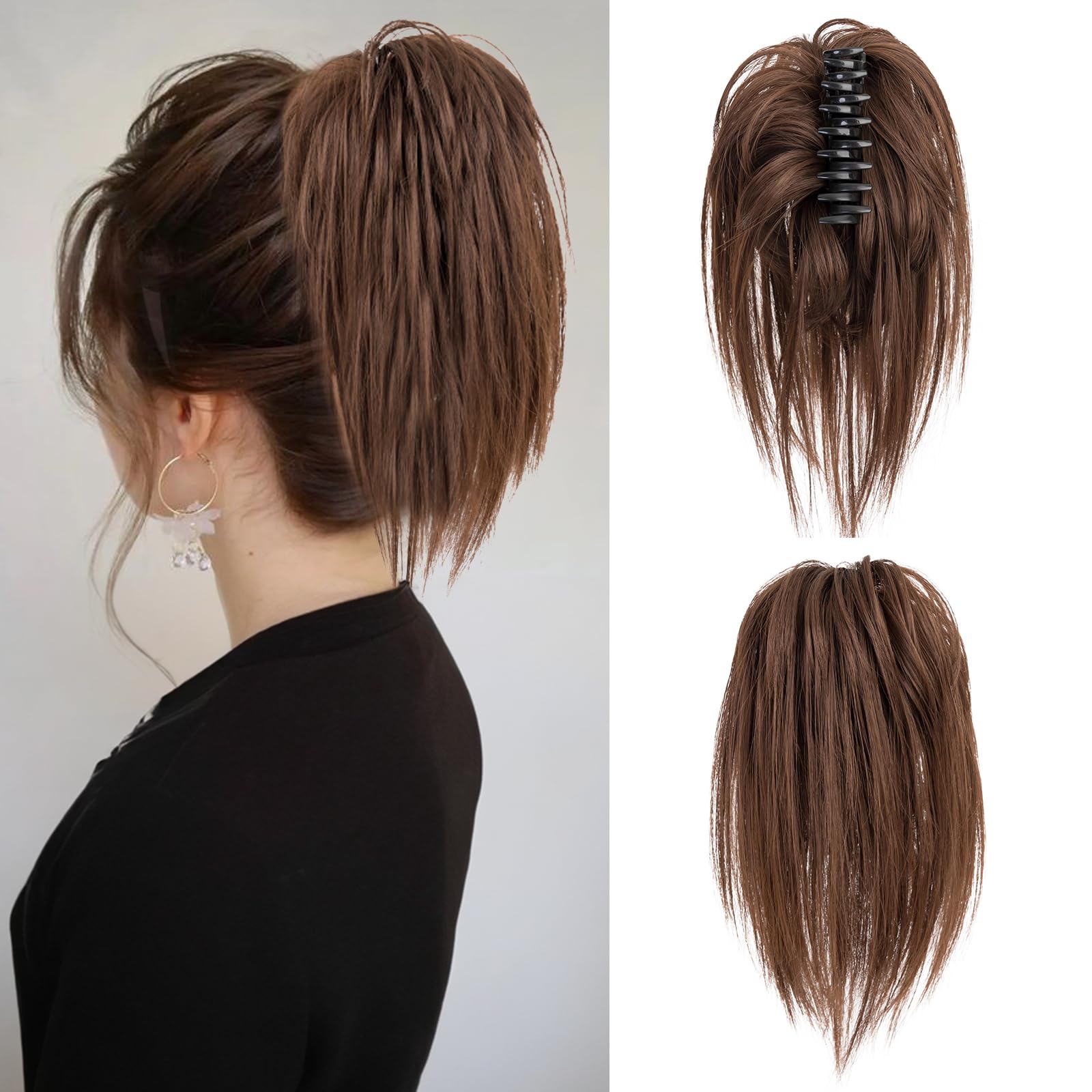Benehair Claw Clip Messy Hair Bun Extension - Synthetic Straight Ponytail Hairpiece in Brown for Women (60g)