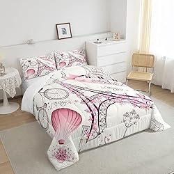 Eiffel Tower Couple Comforter Set Queen Size Pink