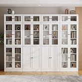 VOWNER 85.5" Tall Wooden Bookshelf, White 7 Tier Book Shelf, Bookcase with Glass Doors and Shelves, DIY Large Bookcase, Curio Cabinets with Storage, Modern Display Cabinet 4 Sets for Living Room