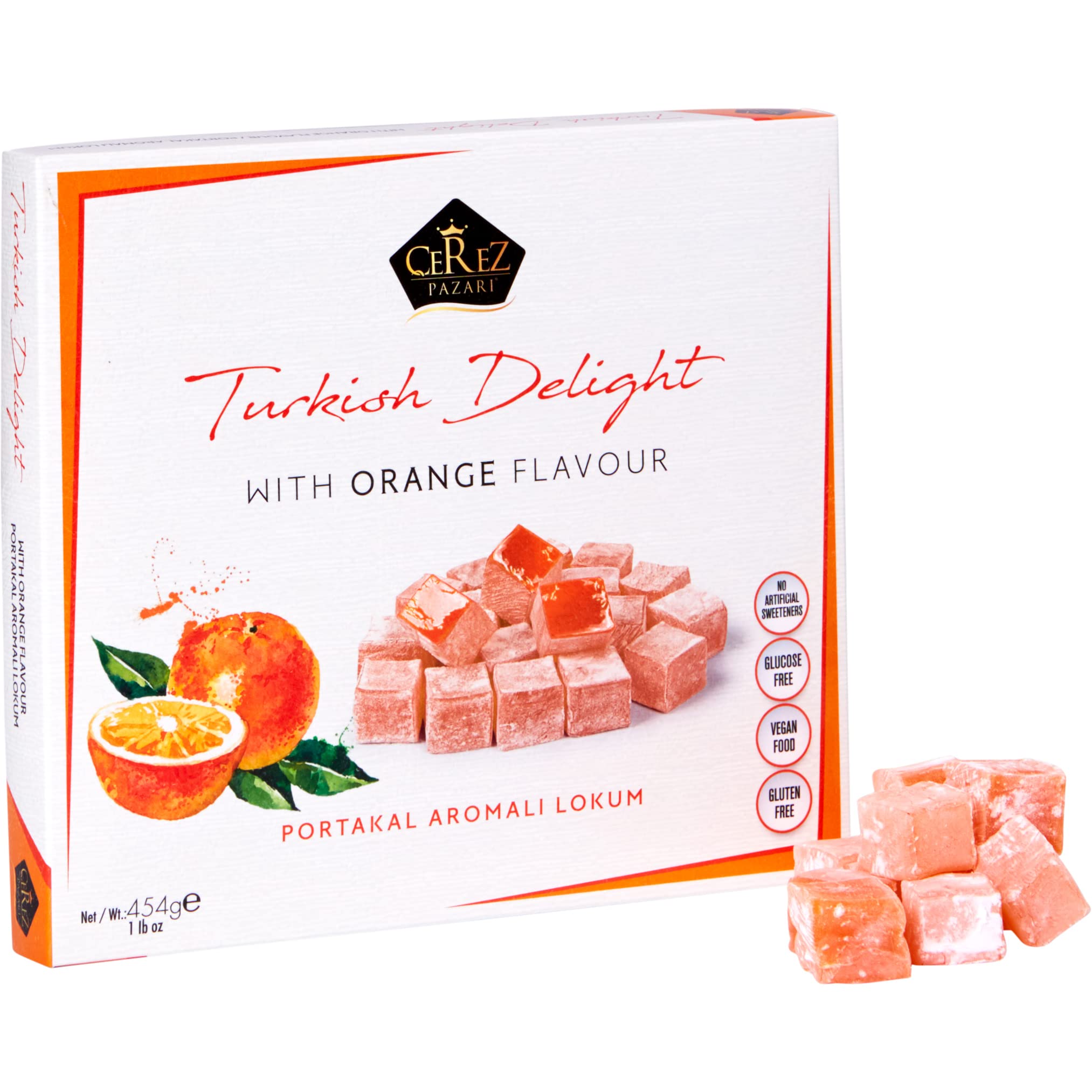 Cerez Pazari Turkish Delight with Orange Flavor 454g Gourmet Medium Size Snacks Gift Box, No Nuts Sweet Luxury Traditional Confectionery Vegan Soft Candy Dessert Glucose Free Lokum