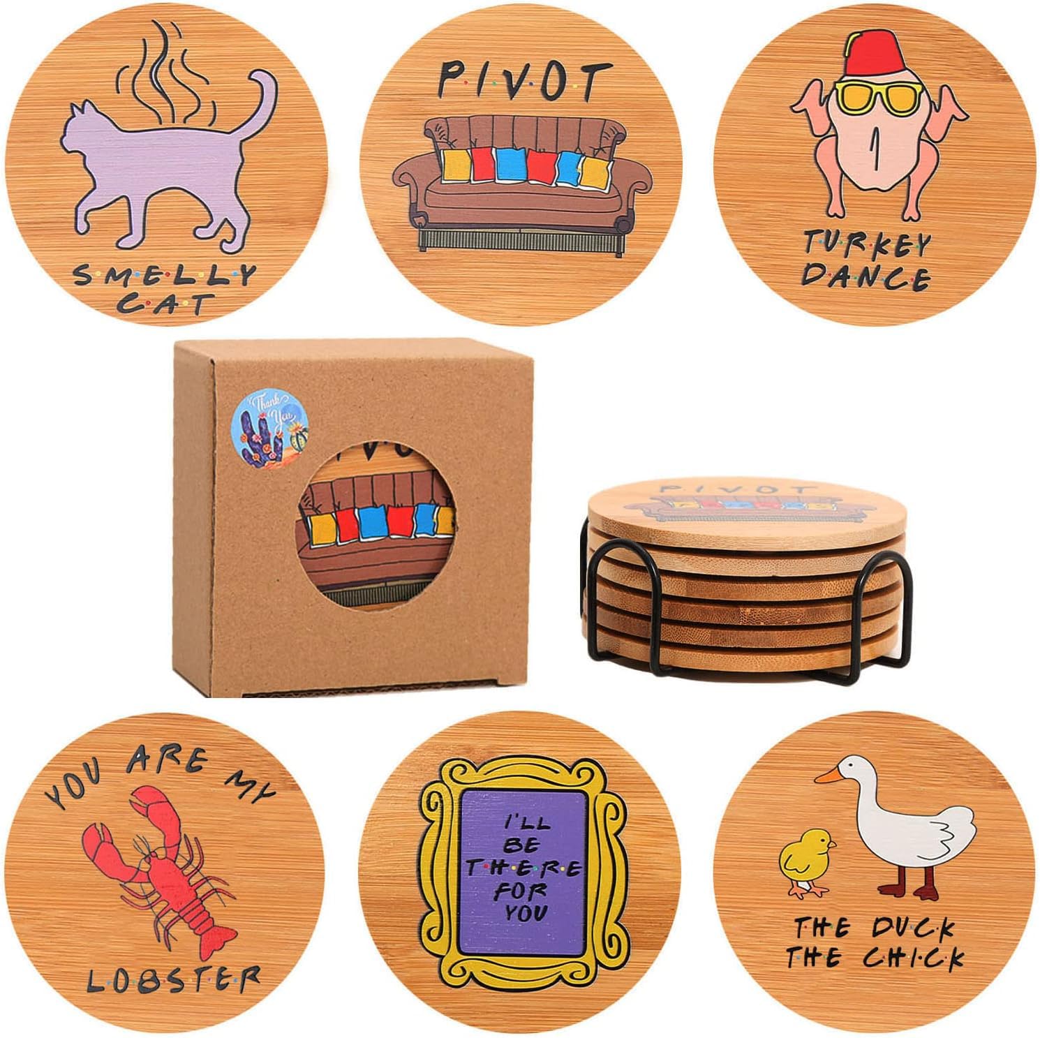 Friends TV Show Merchandise - Wooden Coasters for Drinks, Set of 6 with Holder, Bamboo Coasters for Coffee Table, Housewarming Gifts