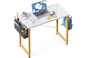 ODK Laptop Desk Study Desk, 32 Inch Small Desk, Writing Desk with Storage, Work Table with Headphone Hook for Small Space Home Office, White Marble + Gold Leg