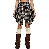 Verdusa Women's Y2k Goth Grunge Plaid Skirts Tie Vintage Asymmetrical Flowy Pleated Mini Skater Skirt