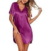 Ekouaer Women's Satin Nightshirt Button Down Sleepshirt Silk Short Sleeve Nightgown V Neck Sleepwear Night Shirts