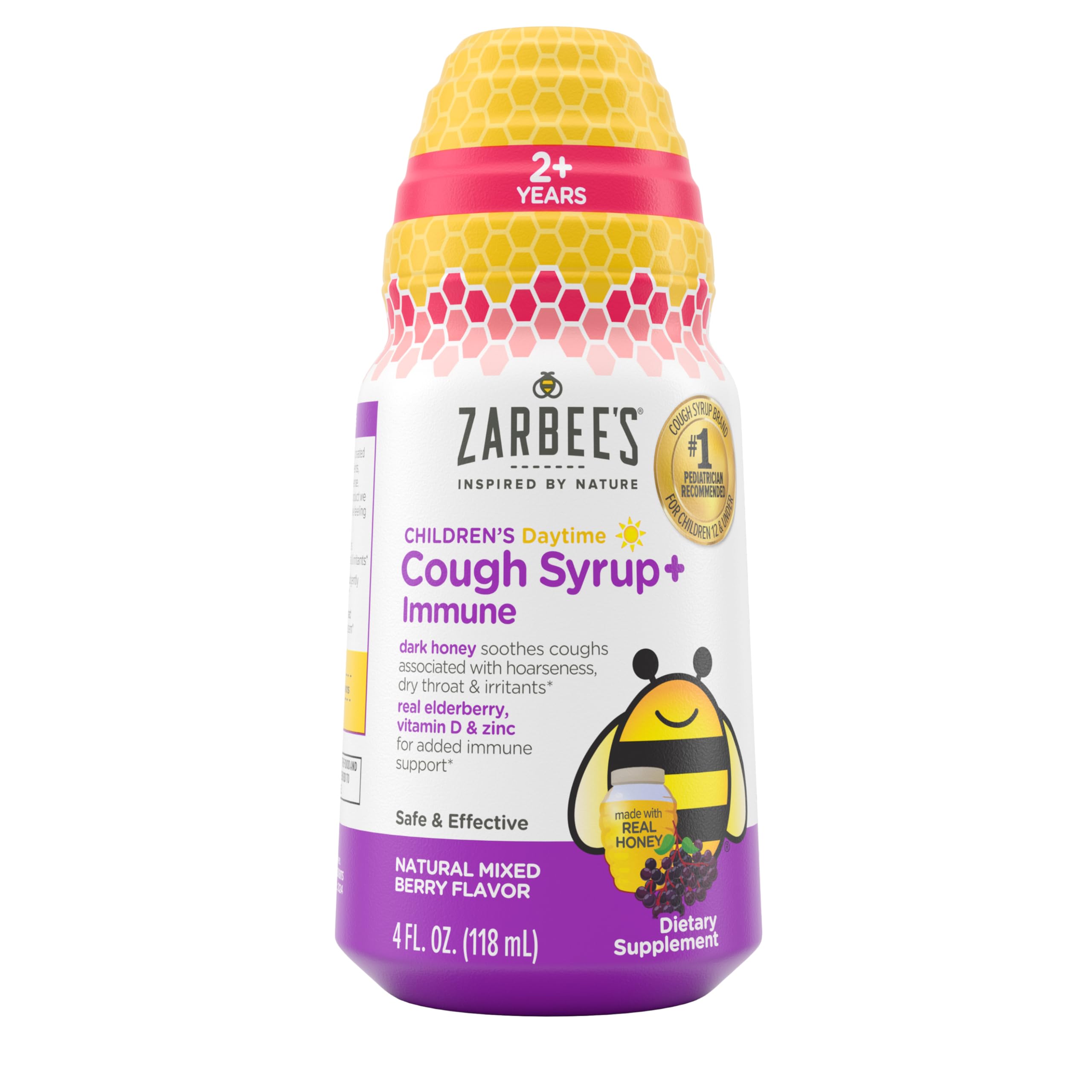 Zarbee's Children's Daytime Honey Cough Syrup + Immune for Kids 2+, Cough Syrup with Soothing Dark Honey, Real Elderberry, Vitamin D & Zinc, Drug & Alcohol-Free, Mixed Berry, 4 fl. oz