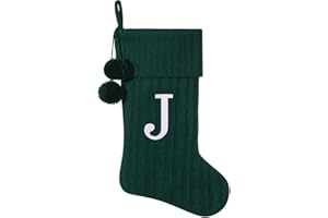 Pxniy Personalized Christmas Stocking 19 Inch - Green Cable Knit with Monogram Embroidery & Pom Poms, Family Fireplace Hanger for Holiday Decor, Green Letter J