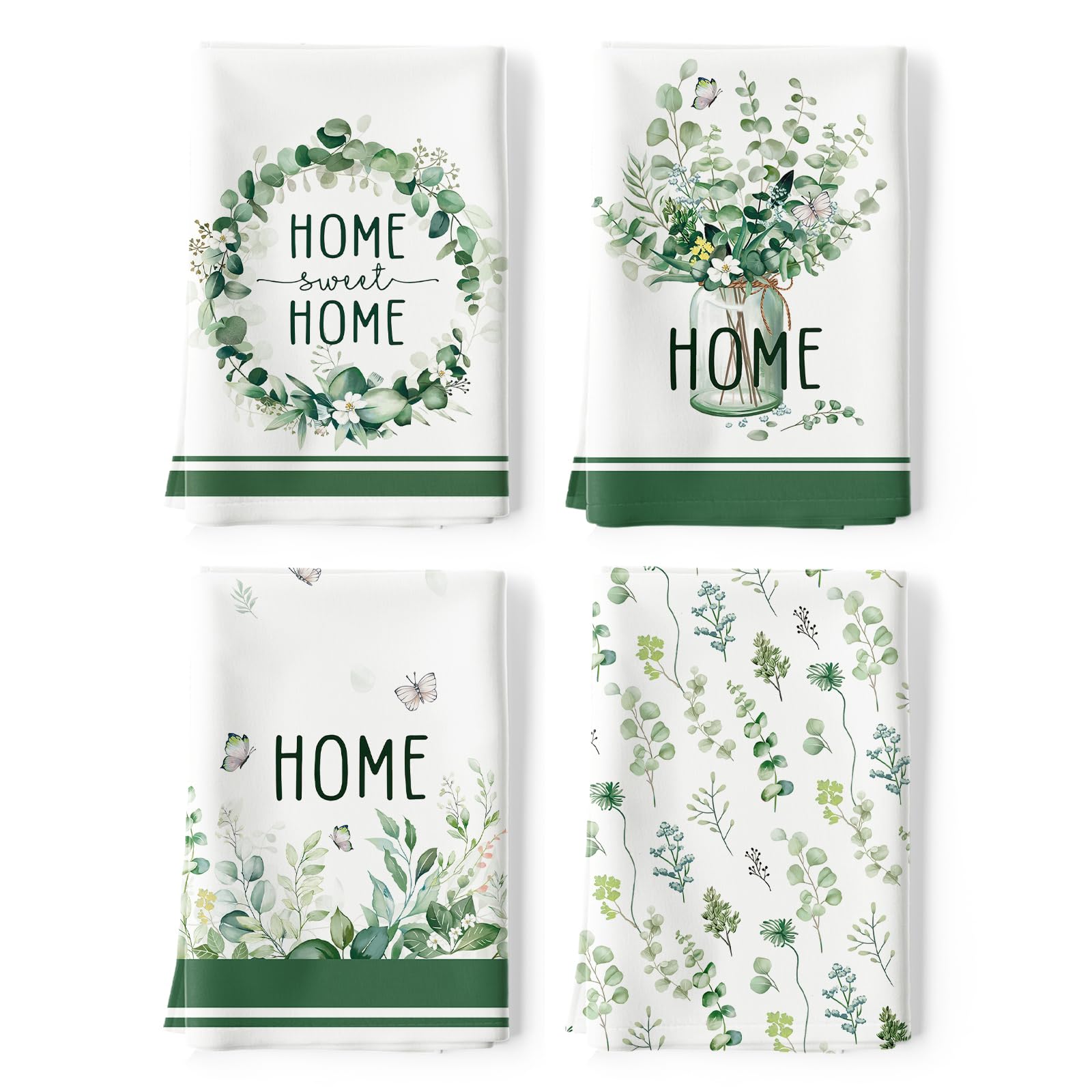 Arquiel Eucalyptus Leaves Multi-Purpose Quick Dry Dish Towel Set (Set of 4), 50 x 70CM, 100% Cotton