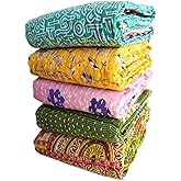 TEXTILLHUB Indian Vintage Reversible Handmade Blanket Kantha Throw Hippie Bohemian Cotton Saree Made Assorted Kantha Bedspread Rally Quilt (1 Quilt)