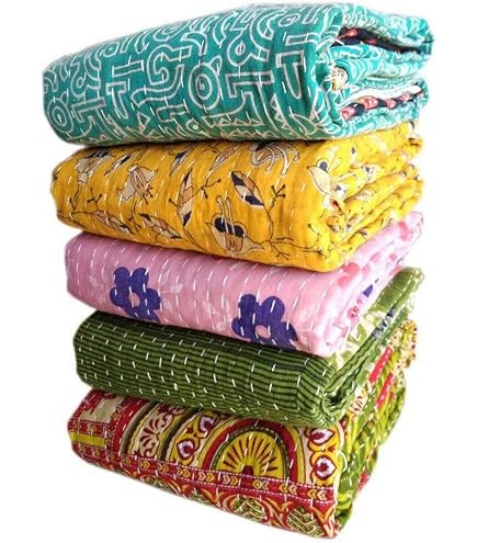 Couvre-lit Kantha Patchwork Coton Fait Main - Queen 228x274 Cm | Style Indien Vintage, Multicolore, Léger
