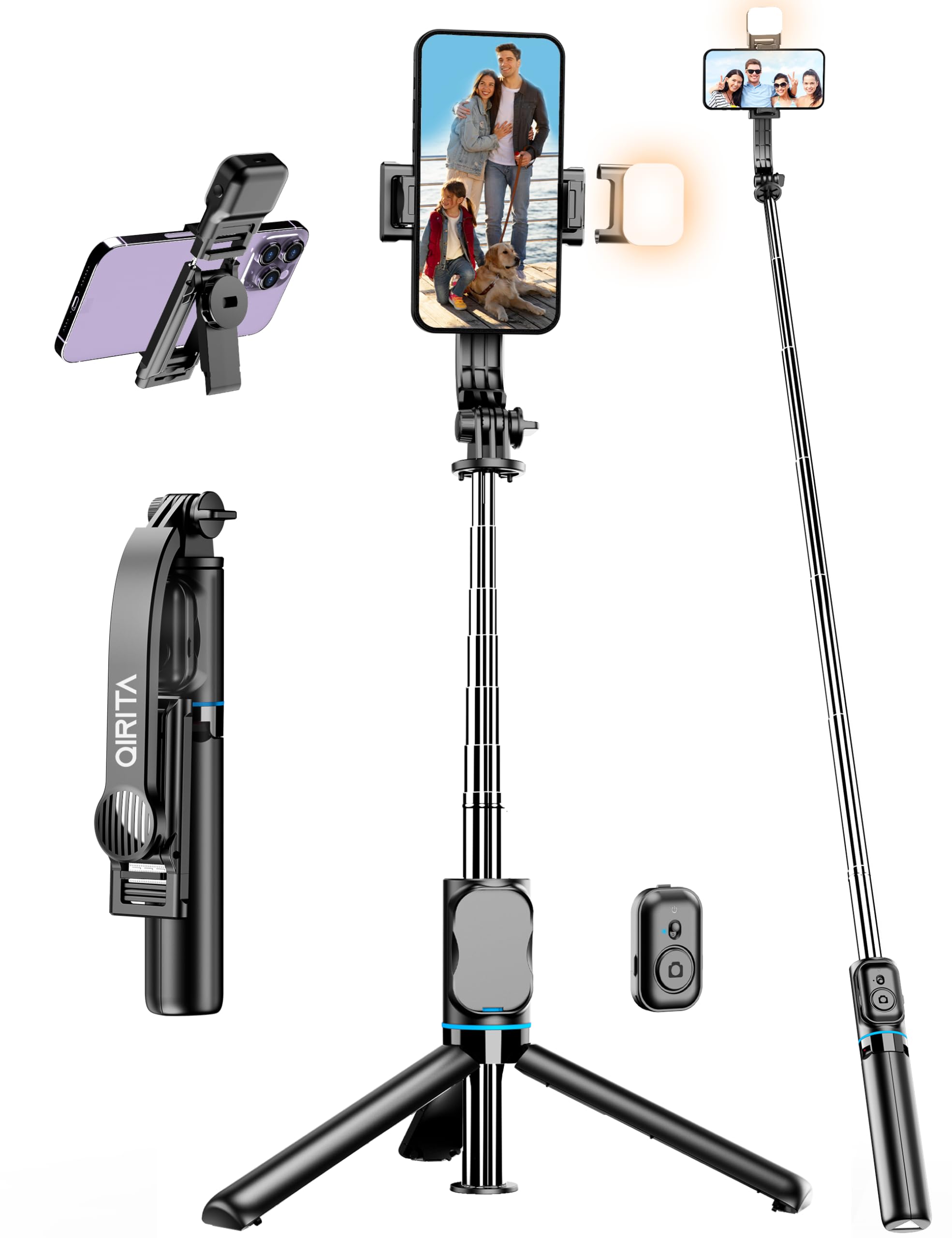 42" Selfie Stick Tripod with Fill Light Extendable Phone Stand All-in-1 Selfie Stick Travel Tripod with Detachable Remote & Phone Holder Cell Phone Tripod Compatible with iPhone/Android