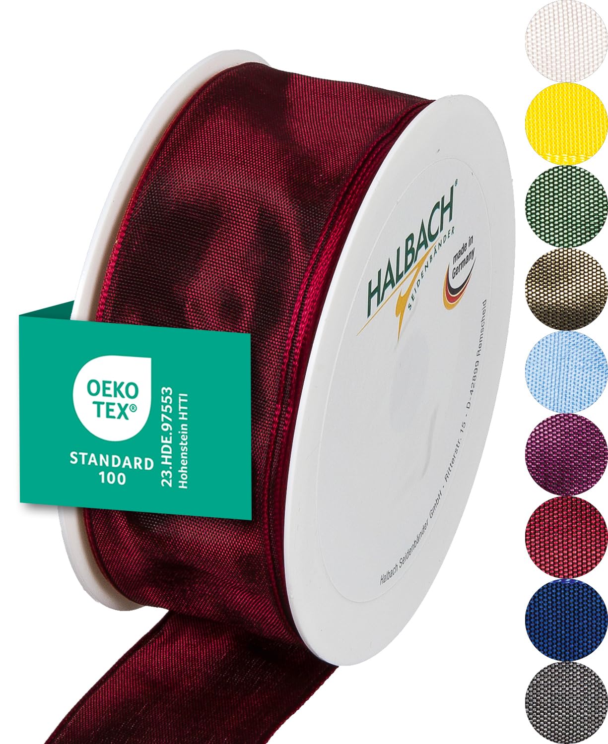 Halbach Seidenbänder Premium Gift Ribbon with Wired Edge, Width 40 mm, Length 25 m, Oeko-Tex 100 Certified Ribbon, Taffeta Ribbon, Made in Germany, Colour: Dark Red — image 1