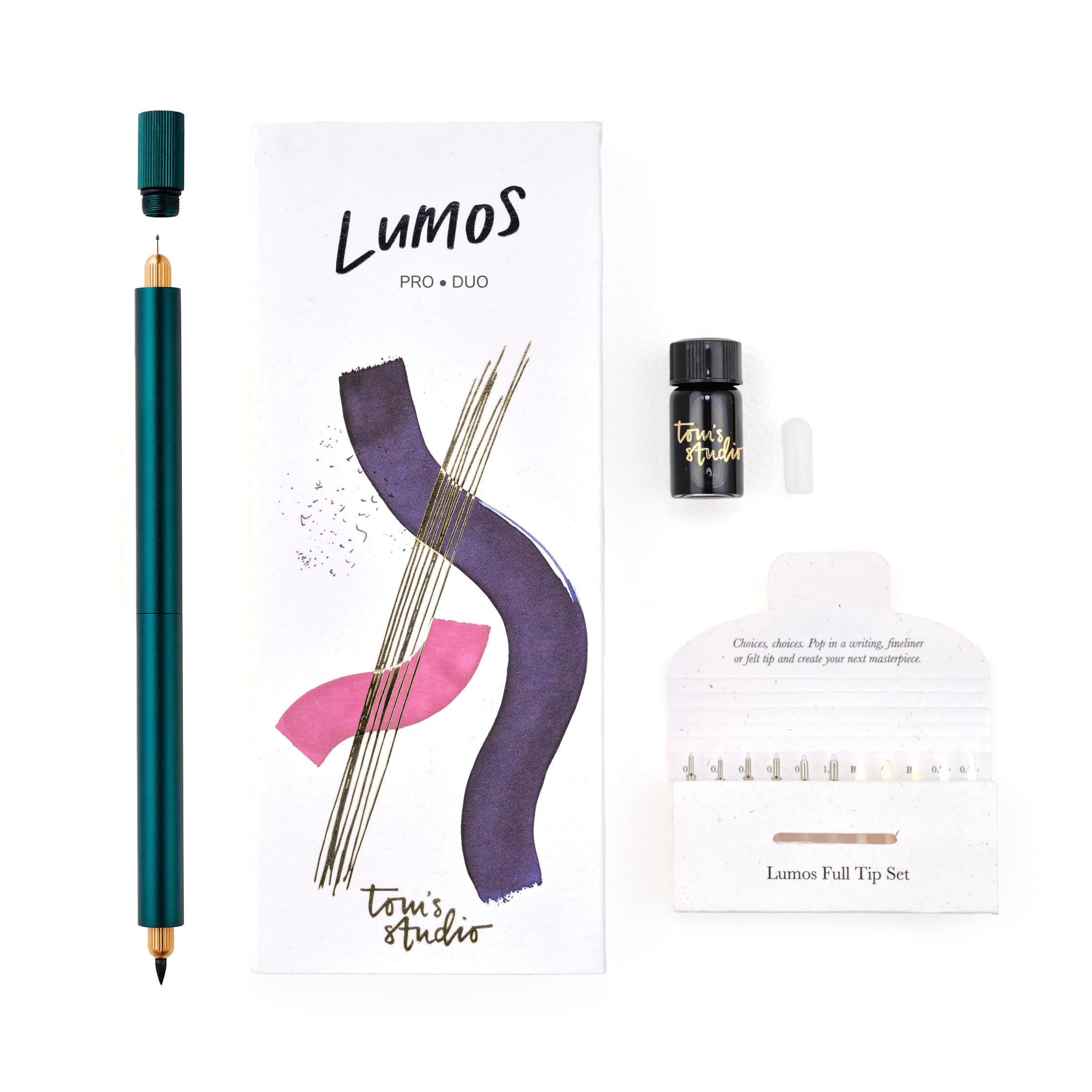 Tom's Studio Lumos Pro Duo Tip (Ivy) | Refillable Fineliner, Writing & Brush Pen | Comes with 11 Tips, 3ml Deep Black Ink Sample & 2x Ink Reservoir