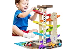 Wooden Car Ramp Set for Toddlers 1-3 Years Old Montessori Race Track Toy with 8 Mini Cars, Garage & Parking Lot, Educational 