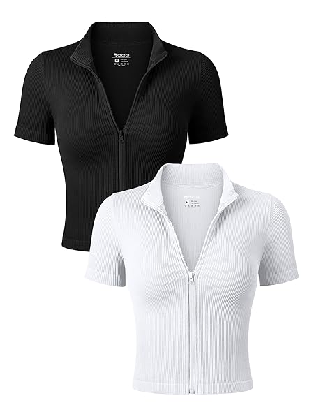 OQQ WOMENS 2 PIECE T-SHIRTS SHORT SLEEVE FRONT ZIPPED STRETCH FIT BASIC TEE SHIRTS TOPS BLACK WHITE, MEDIUM