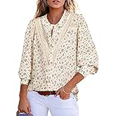 Astylish Women's Lace Crochet Patchwork Floral Long Sleeve Button Down Blouse