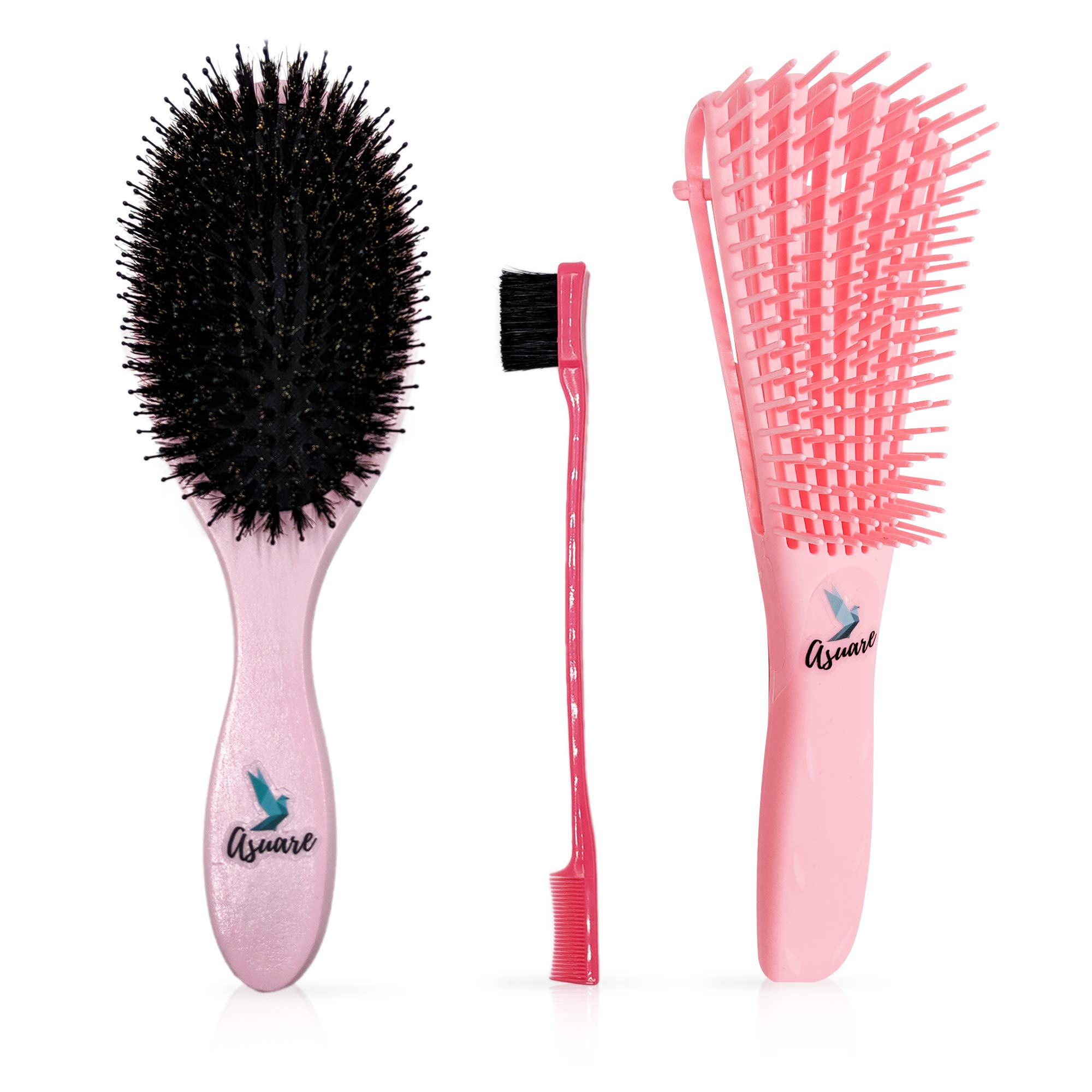 ASUARE PREMIUM Detangler Set, Detangling Brush|Edge Brush|Edge Control| Boar Bristle Hair Brush with Nylon Pins, Paddle Brush Adding Shine and Imporve Hair Texture. Hair Brushes for Women.