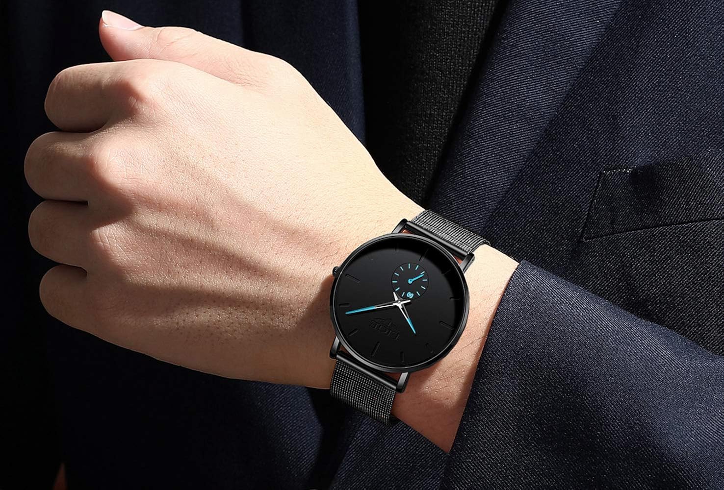 LIGE Men's Watch Ultra-Thin Analog Quartz Waterproof Unisex Watch Fashion Minimalist Black Simple Slim Dress Stainless Steel Mesh Gents Wrist Watches - Image 3