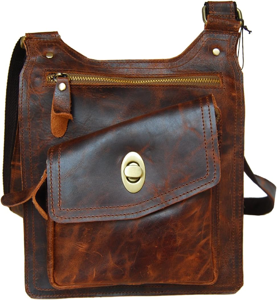 E&W 7-inch Tablet Bag Handtailor Coffee Wax Cowhide Leather Messenger Bag. Satchel Bag. Mens Bag