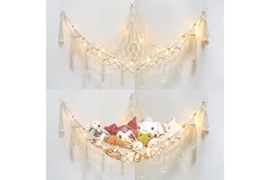 ASTNIC Stuffed Animal Hammock Corner Net with LED Light, Toy Net Hammock for Stuffed Animals Storage Macrame Boho Stuffed Ani