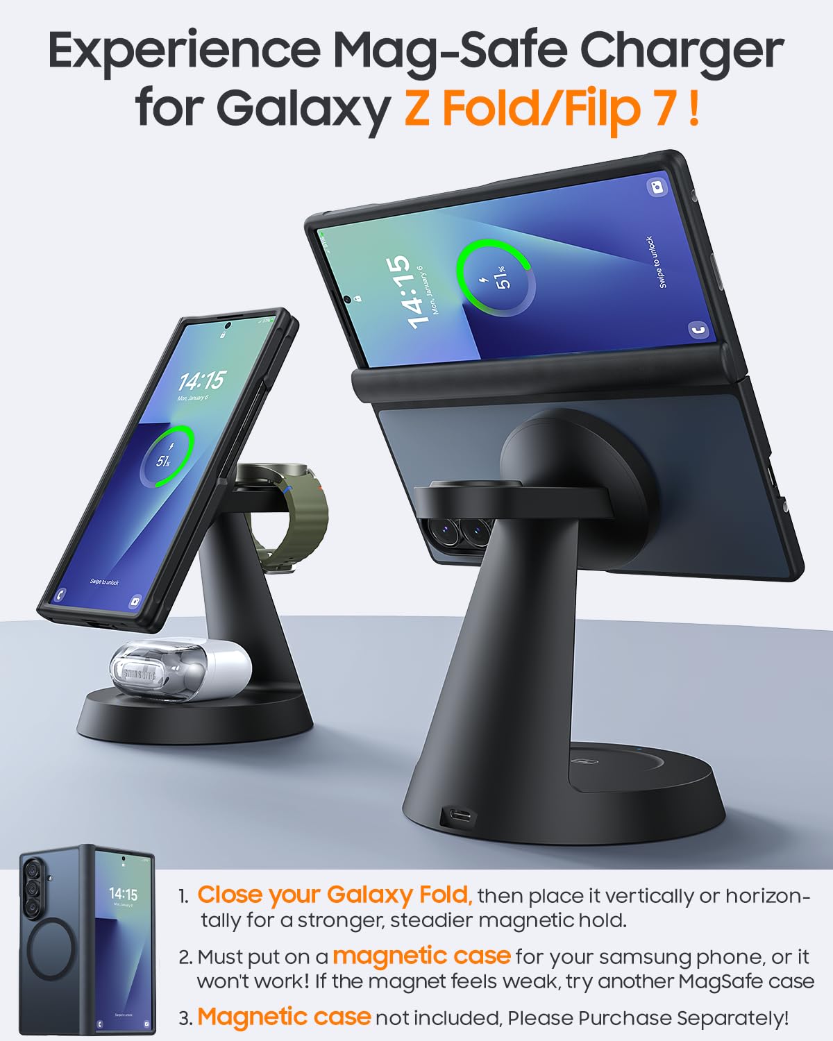 Magnetic Wireless Charger for Samsung, 3 in 1 Charging Station Compatible with MagSafe Samsung Charger for Galaxy S25 Ultra S24 Z Fold7/Flip7, Watch Charger Stand for Galaxy Watch Ultra 8 7, for Buds