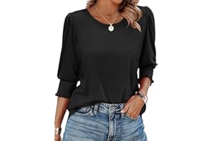 isermeo 2025 Blouses for Women Dressy Casual 3/4 Sleeve Womens Tops Crewneck Shirts with Smocked Cuffs S-XXL