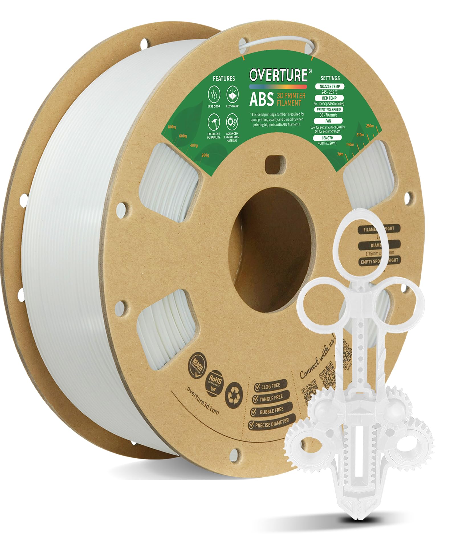 OVERTURE ABS Filament 1.75mm, ABS 1kg Spool (2.2lbs),3D Printer Filament,Dimensional Accuracy +/- 0.02 mm, Fit Most FDM Printer(White)