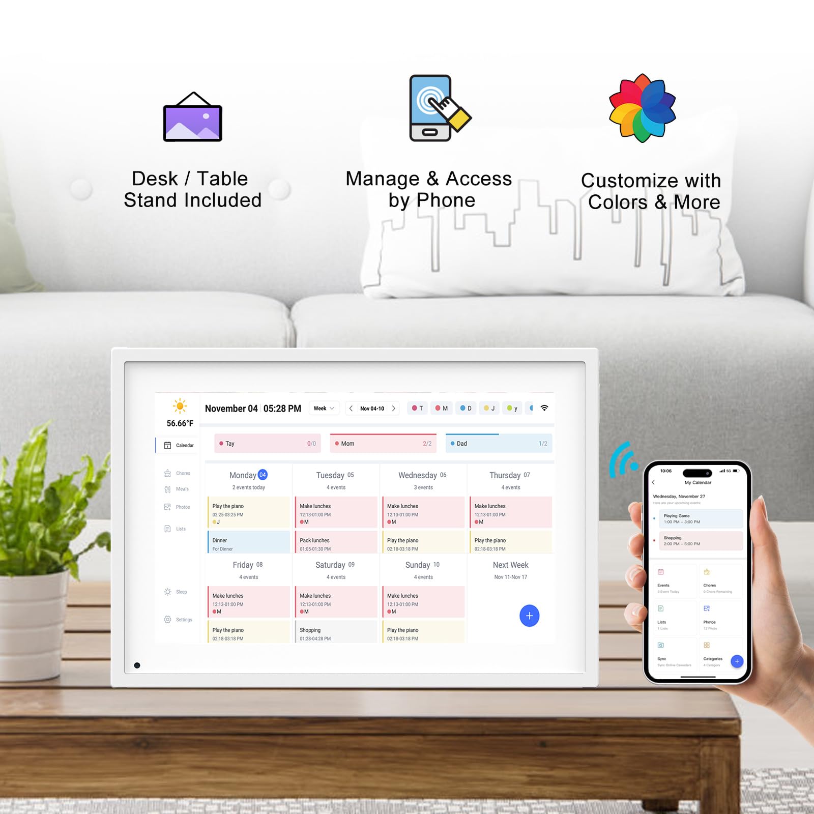 10.1 Inch Smart Digital Calendar Planner & Chore Chart, IPS HD Touchscreen Interactive Display, Smart Family Planner, Digital Picture Frame for Seamless Scheduling - Share Photos/Videos via App