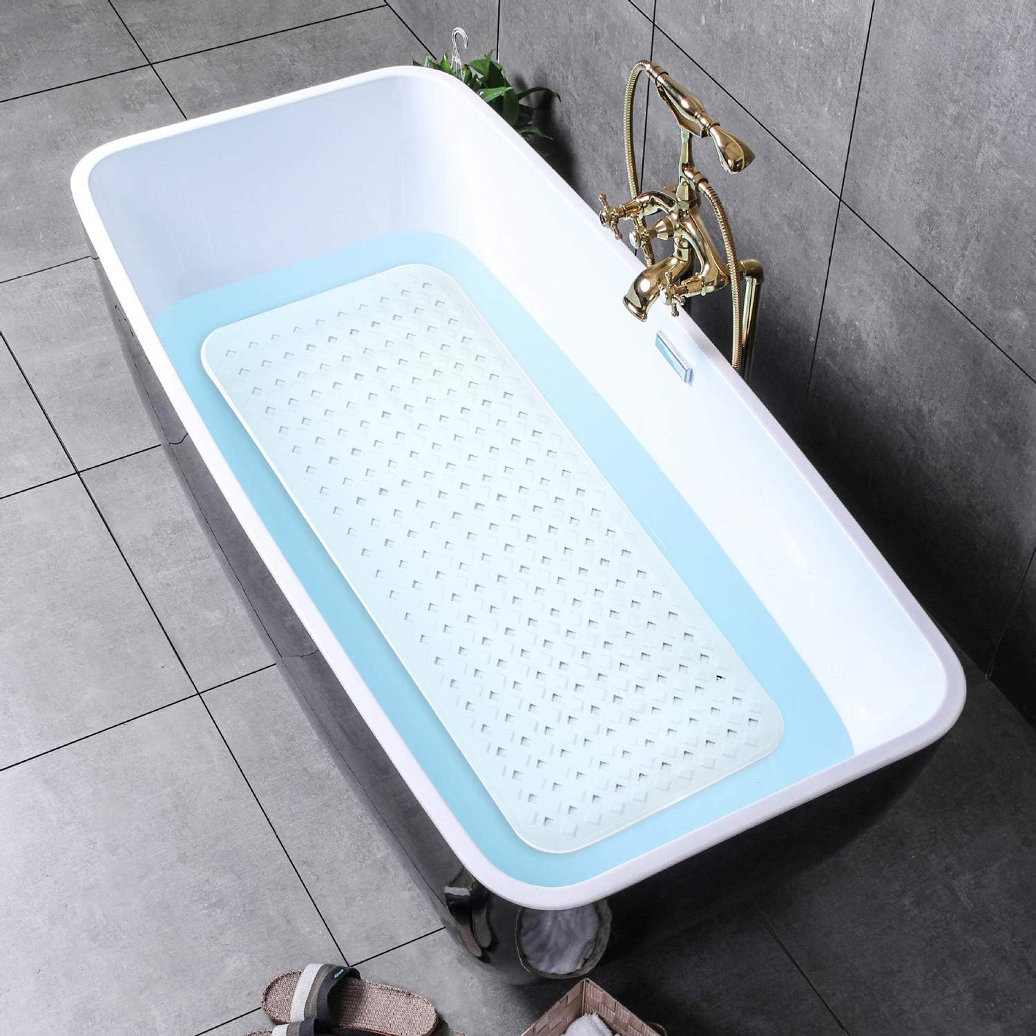 YINENN Bath Tub Shower Mat 27.7x15.7 Inch Non-Slip and Phthalate Latex Free,Bathtub Mat with Suction Cups,Machine Washable Bathroom Mats with Drain Holes (White): Health & Personal Care
