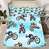 Erosebridal Dirt Bike Bed Sheet Twin Size, Extreme Sport Fitted Sheet for Kids Boys Teens, Motorbike Sport Bedding Set Motocross Rider Bedding Decor Set 2 Pieces with 1 Pillow Case, Blue