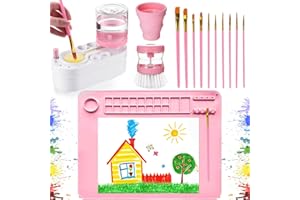 NAOZINEBI Painting Station Paint Brush Cleaner 20X16in Silicone Paintings Mat with Cup and Paint Holder 10 Paintings Brushes Children's Painting Set Art Supplies for Kids Birthday Gifts DIY Creations (Pink)