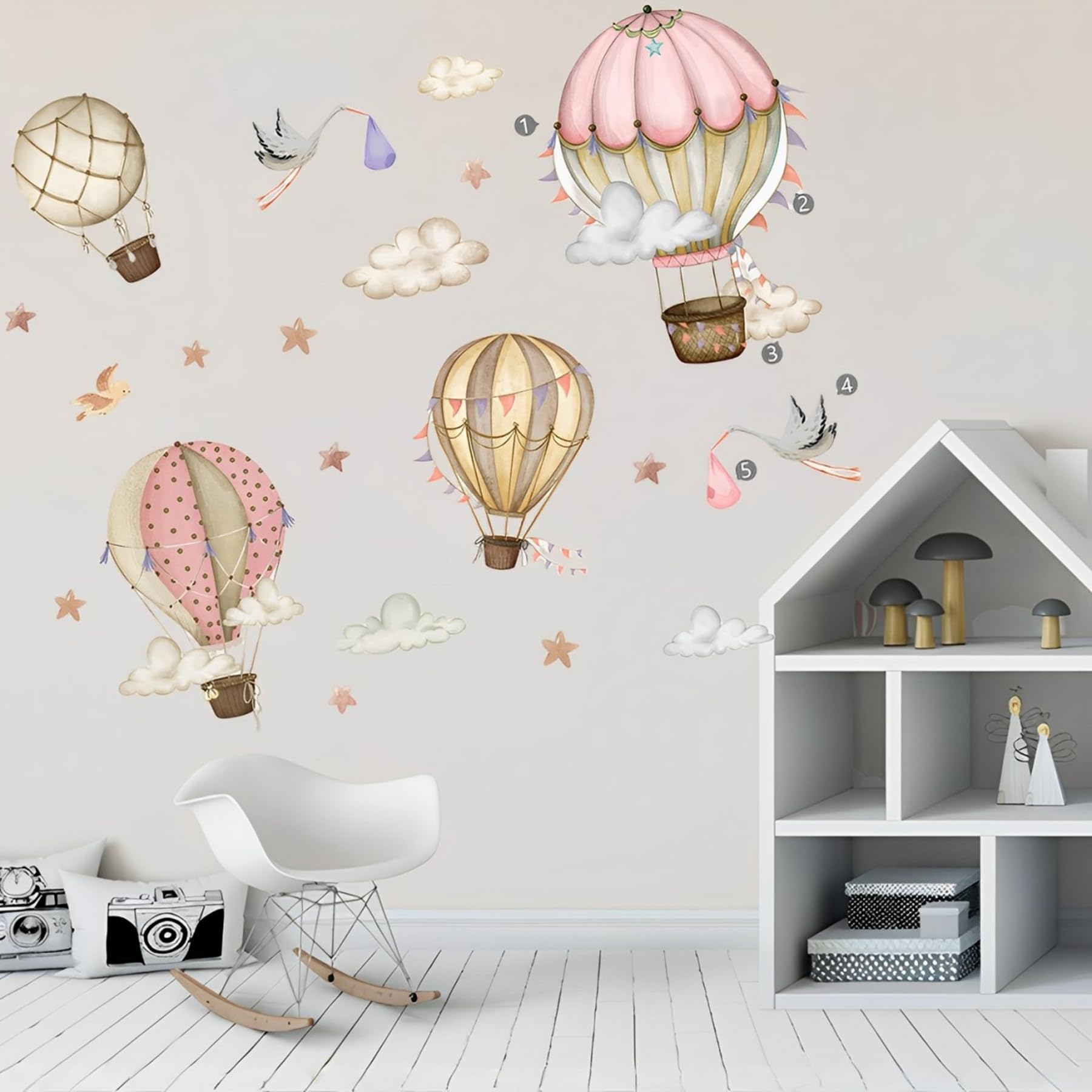 Hot Air Balloon Wall Stickers for Nursery, Watercolor Vintage Balloon Wall Decals with Clouds & Storks, Peel and Stick Wall Art for Baby Bedroom, Vinyl Stickers in Gift Box