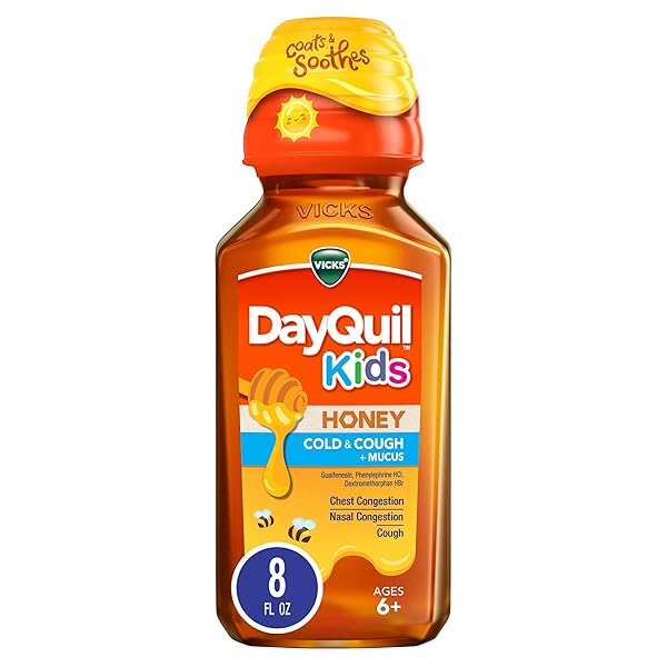 VICKS DAYQUIL KIDS COLD AND COUGH + MUCUS RELIEF MADE WITH REAL HONEY FOR KIDS 6+ TASTES GREAT 8OZ