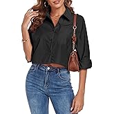 FIOPHY Women's Button Down Shirt Cropped Oversize Boyfriend Long Sleeve Collared Crop Loose Blouses with Pocket