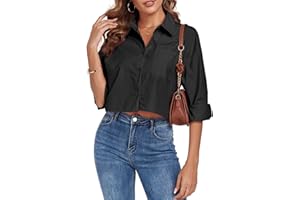 FIOPHY Women's Button Down Shirt Cropped Oversize Boyfriend Long Sleeve Collared Crop Loose Blouses with Pocket