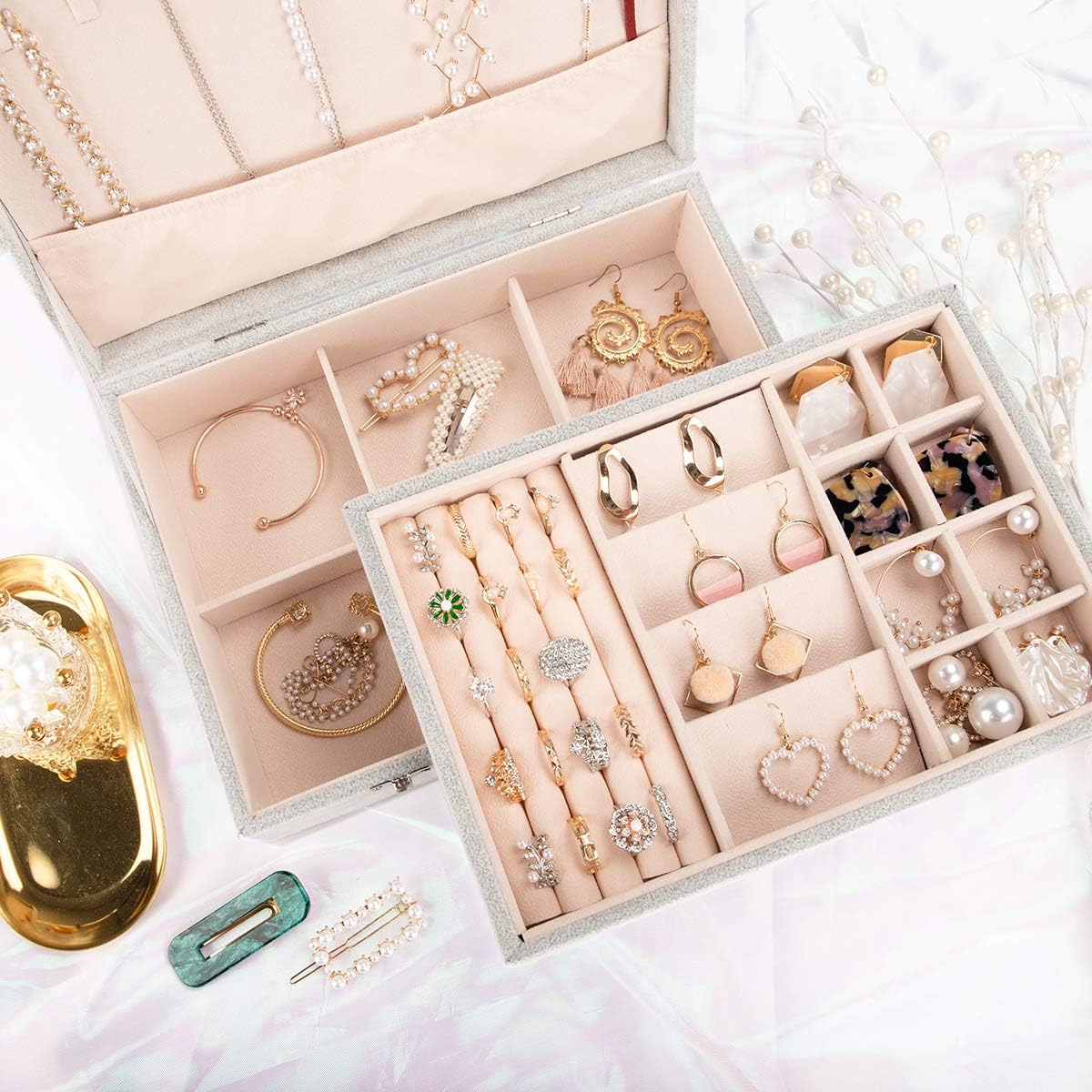 Mebbay Two Layer Velvet Jewelry Box Organizer Display Storage Case with Lock for Necklace Stud Earrings Bracelets Rings (Grey): Home Improvement