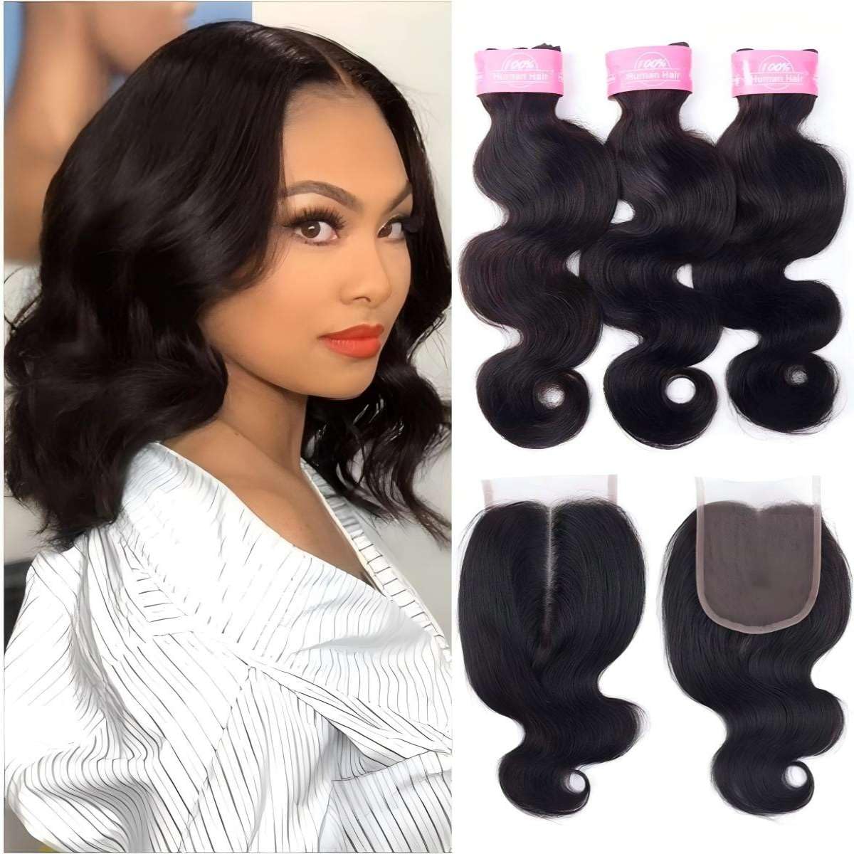 Sexycat Body Wave Bundles with 4x4 T Part Lace Closure Human Hair 12 14 16+10 Inch 100% Unprocessed Brazilian Virgin Hair Extensions Weave Weft Bundles with T Part Closure