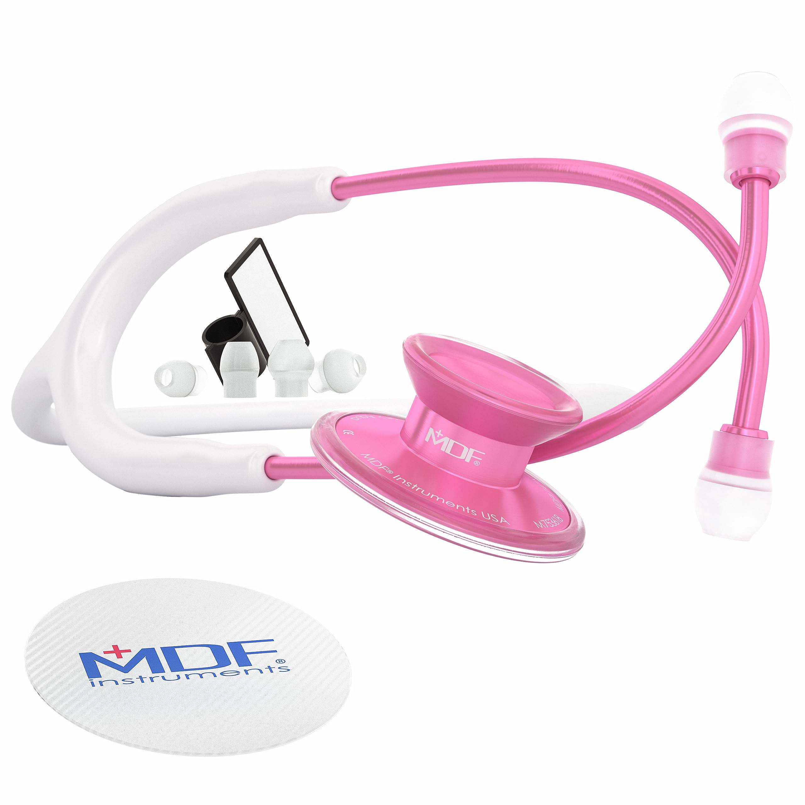 MDF Instruments, Acoustica Lightweight Stethoscope for Doctors, Nurses, Students, Home Health Use, Adult, Dual Head, White Tube, Pink Pinkore Chestpiece-Headset, MDF747XPPO29 Image MDF Instruments, Acoustica Lightweight Stethoscope for Doctors, Nurses, Students, Home Health Use, Adult, Dual Head, White Tube, Pink Pinkore Chestpiece-Headset, MDF747XPPO29 Image