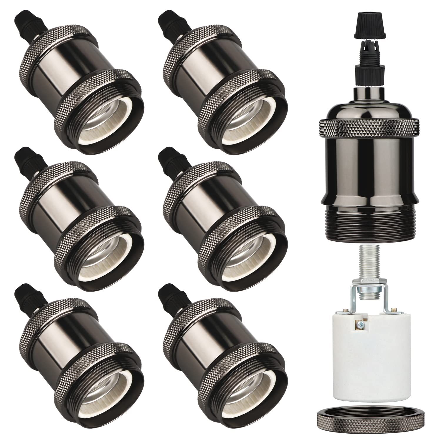 Zevnico E27 Lamp Holder, 6 Pcs E27 Bulb Holder, Gloss Black Vintage Socket Light Bulb Holder, Ceramic Rated 4A 250V, for DIY Pendant Lamp Ceiling Hanging Light Retro Edison Screw Bulb Holder Adaptor